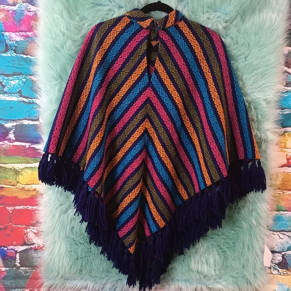 Multicolor striped one size fits most Fringe poncho. - Picture 7 of 11